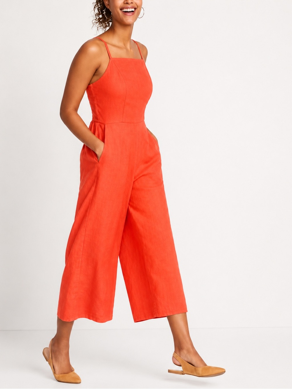 Old Navy | Red-Orange Linen-Blend Cropped Jumpsuit | Small